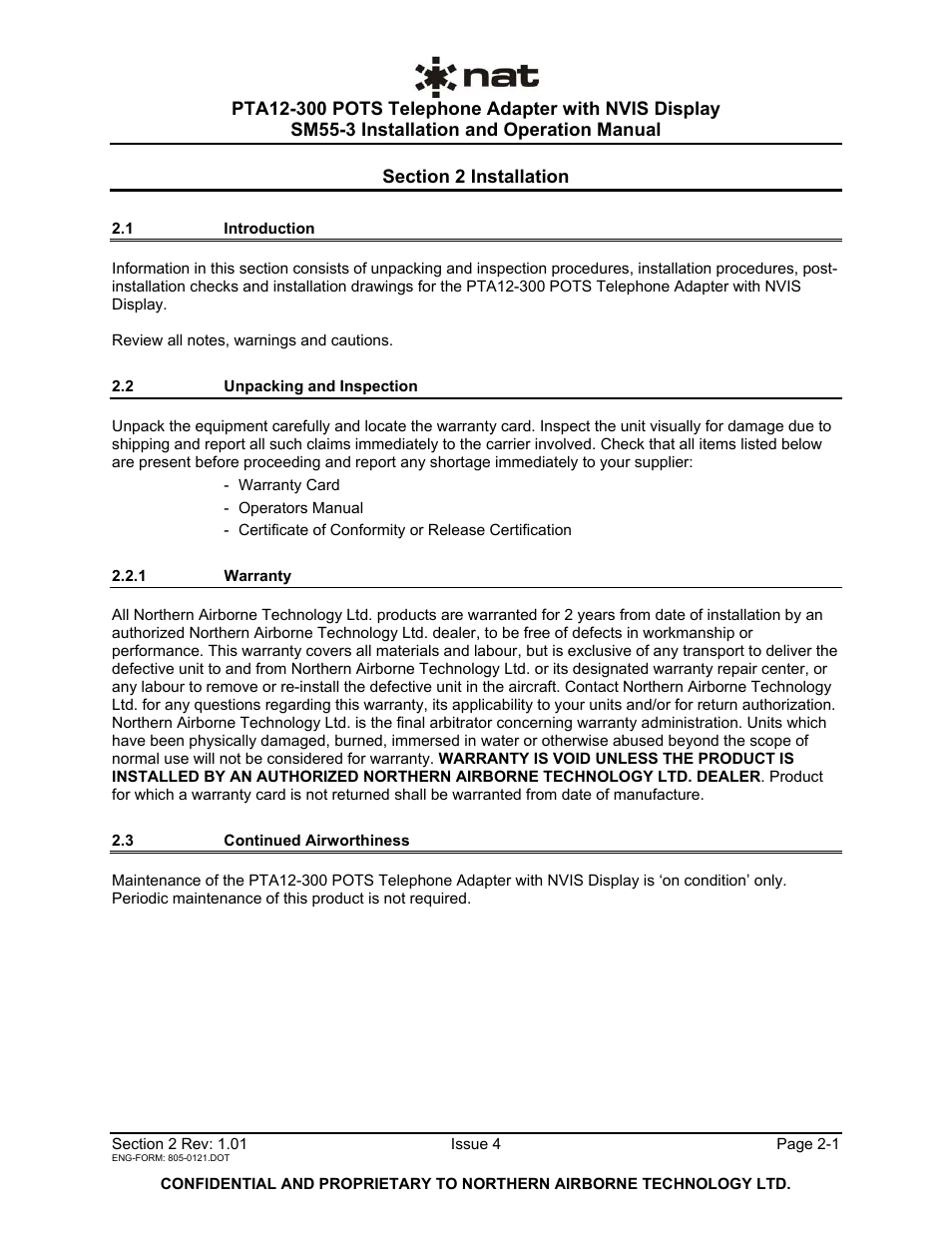 Installation, 1 introduction, 2 unpacking and inspection | 1 warranty, 3 continued airworthiness | Northern Airborne Technology PTA12-3xx User Manual | Page 10 / 32