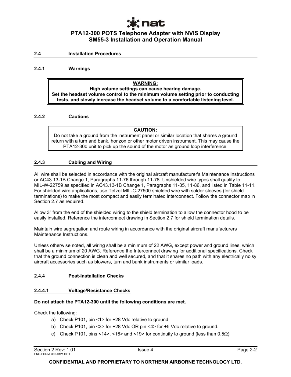 4 installation procedures, 1 warnings, 2 cautions | 3 cabling and wiring, 4 post-installation checks | Northern Airborne Technology PTA12-3xx User Manual | Page 11 / 32