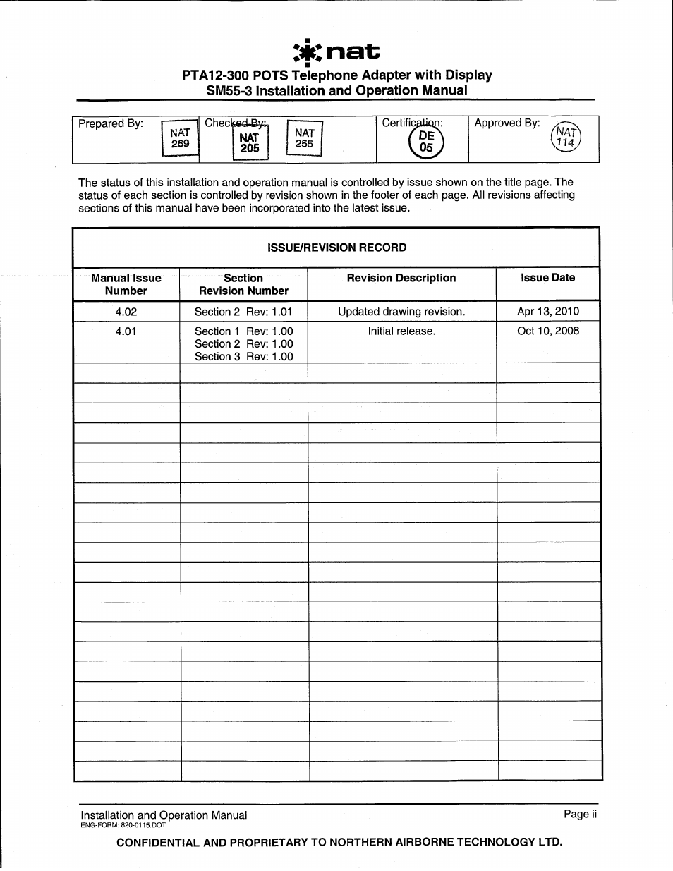 Issue/revision record | Northern Airborne Technology PTA12-3xx User Manual | Page 2 / 32