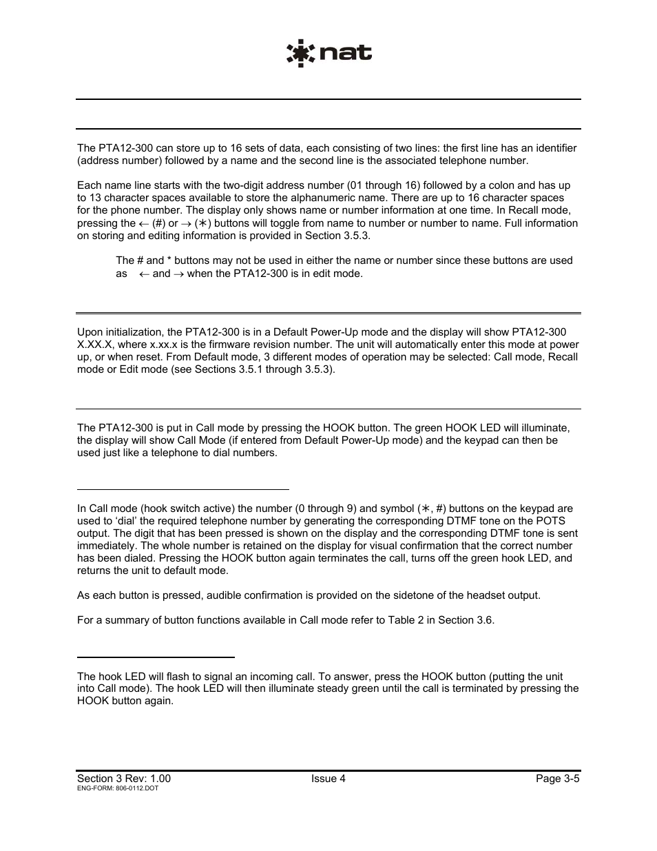 4 name / number storage and display, 5 modes of operation, 1 call mode | Northern Airborne Technology PTA12-3xx User Manual | Page 28 / 32