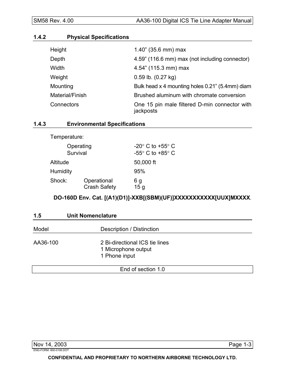 2 physical specifications, 3 environmental specifications, 5 unit nomenclature | Northern Airborne Technology AA36-100 User Manual | Page 11 / 30