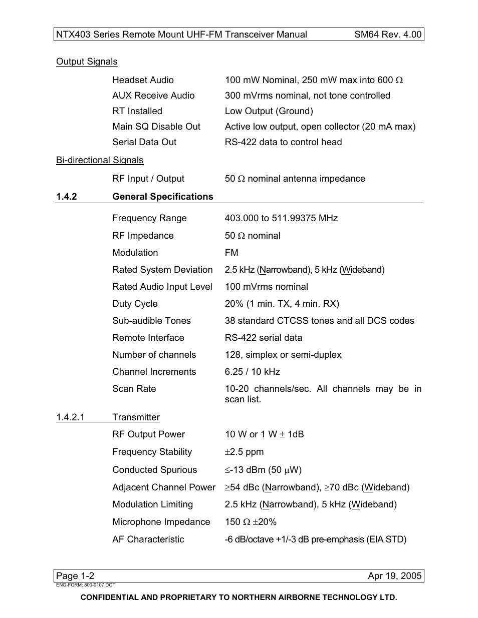 2 general specifications | Northern Airborne Technology NTX403 User Manual | Page 10 / 32