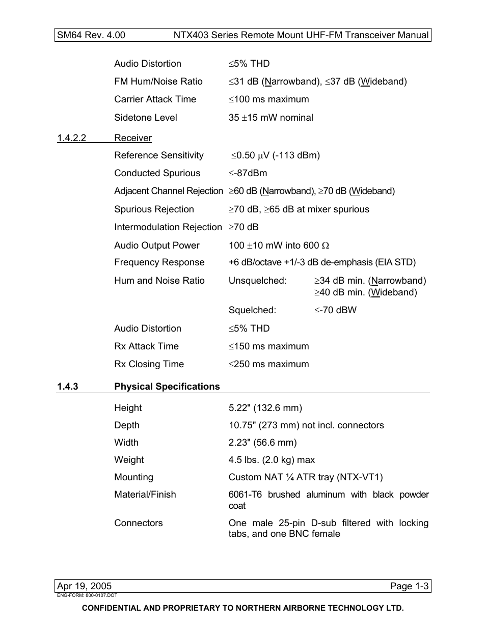 3 physical specifications | Northern Airborne Technology NTX403 User Manual | Page 11 / 32