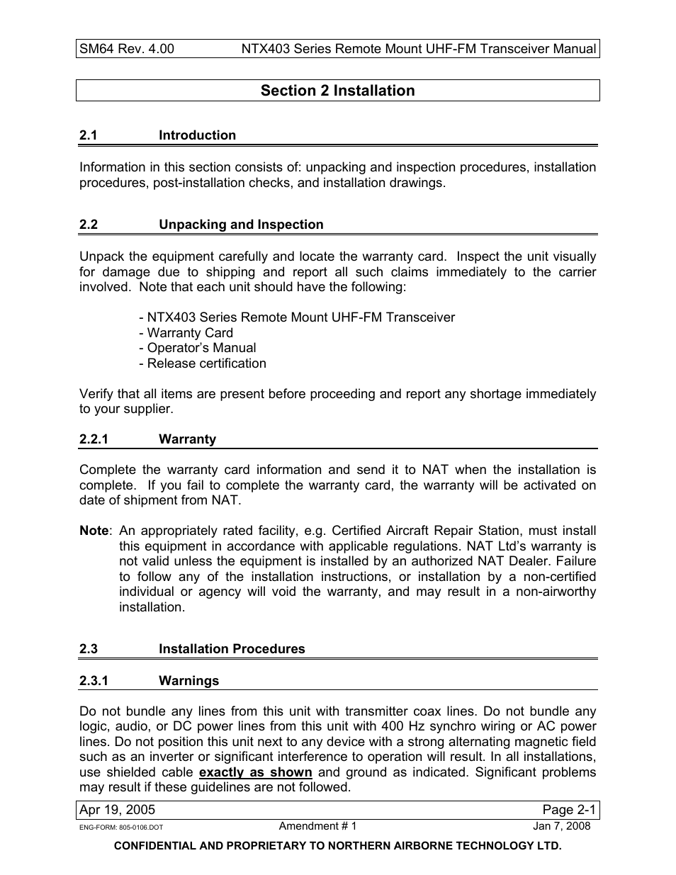 Installation, 1 introduction, 2 unpacking and inspection | 1 warranty, 3 installation procedures, 1 warnings | Northern Airborne Technology NTX403 User Manual | Page 13 / 32