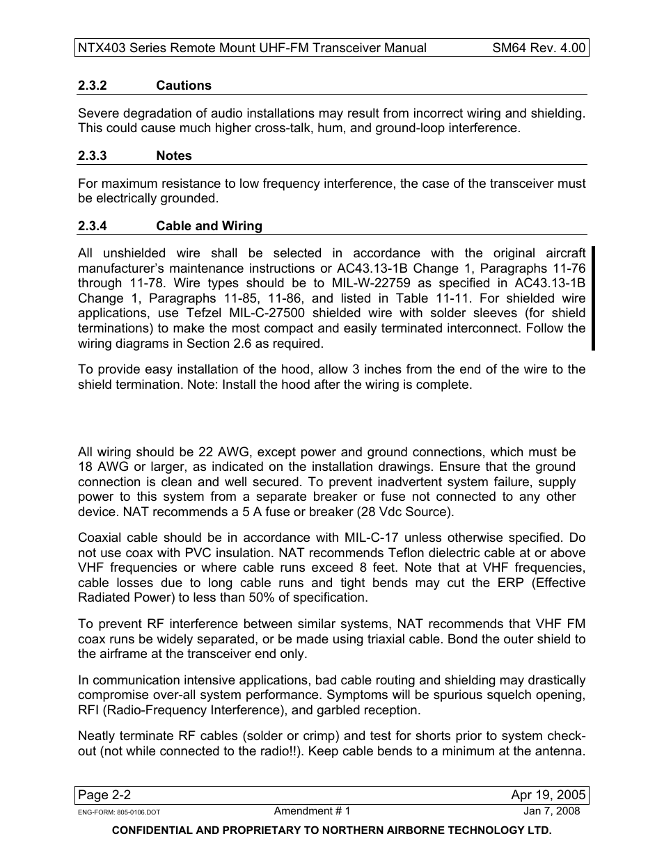 2 cautions, 3 notes, 4 cable and wiring | Northern Airborne Technology NTX403 User Manual | Page 14 / 32
