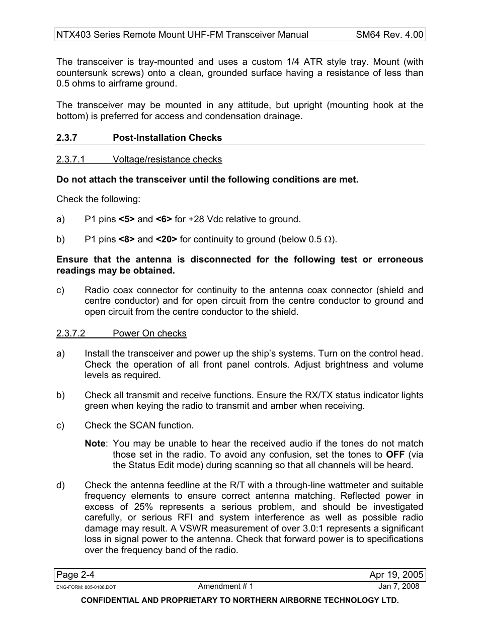 7 post-installation checks | Northern Airborne Technology NTX403 User Manual | Page 16 / 32