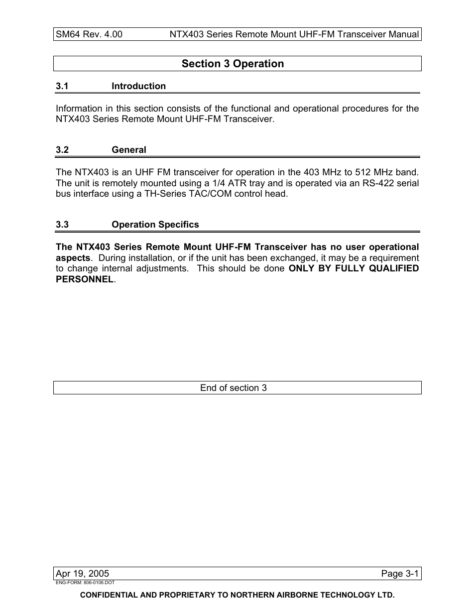 Operation, 1 introduction, 2 general | 3 operation specifics | Northern Airborne Technology NTX403 User Manual | Page 31 / 32