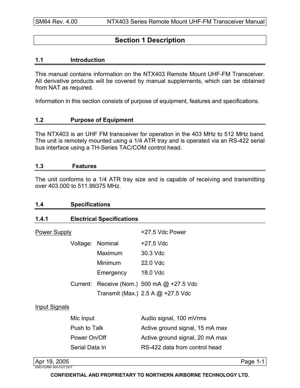 Description, 1 introduction, 2 purpose of equipment | 3 features, 4 specifications, 1 electrical specifications | Northern Airborne Technology NTX403 User Manual | Page 9 / 32