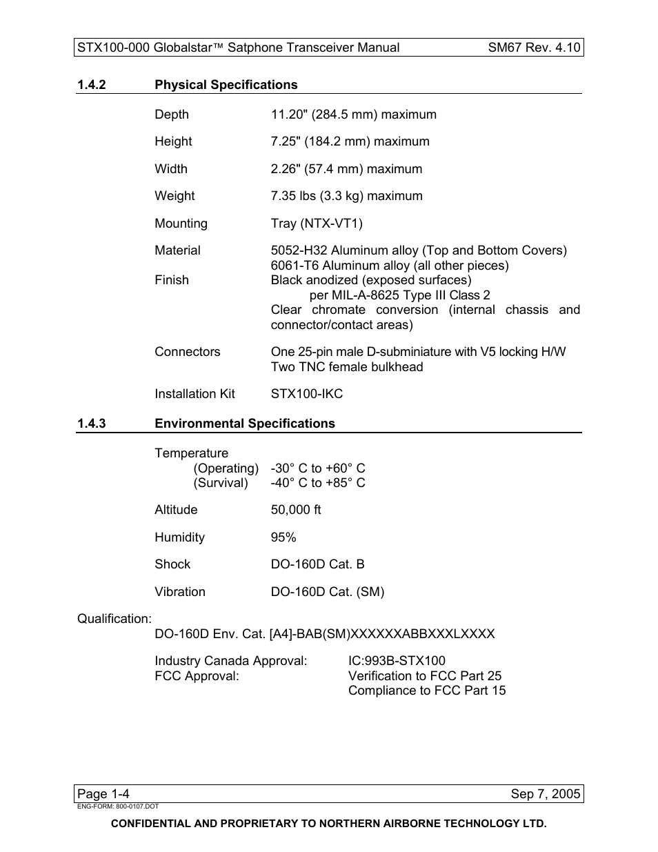 2 physical specifications, 3 environmental specifications | Northern Airborne Technology STX100 User Manual | Page 14 / 56