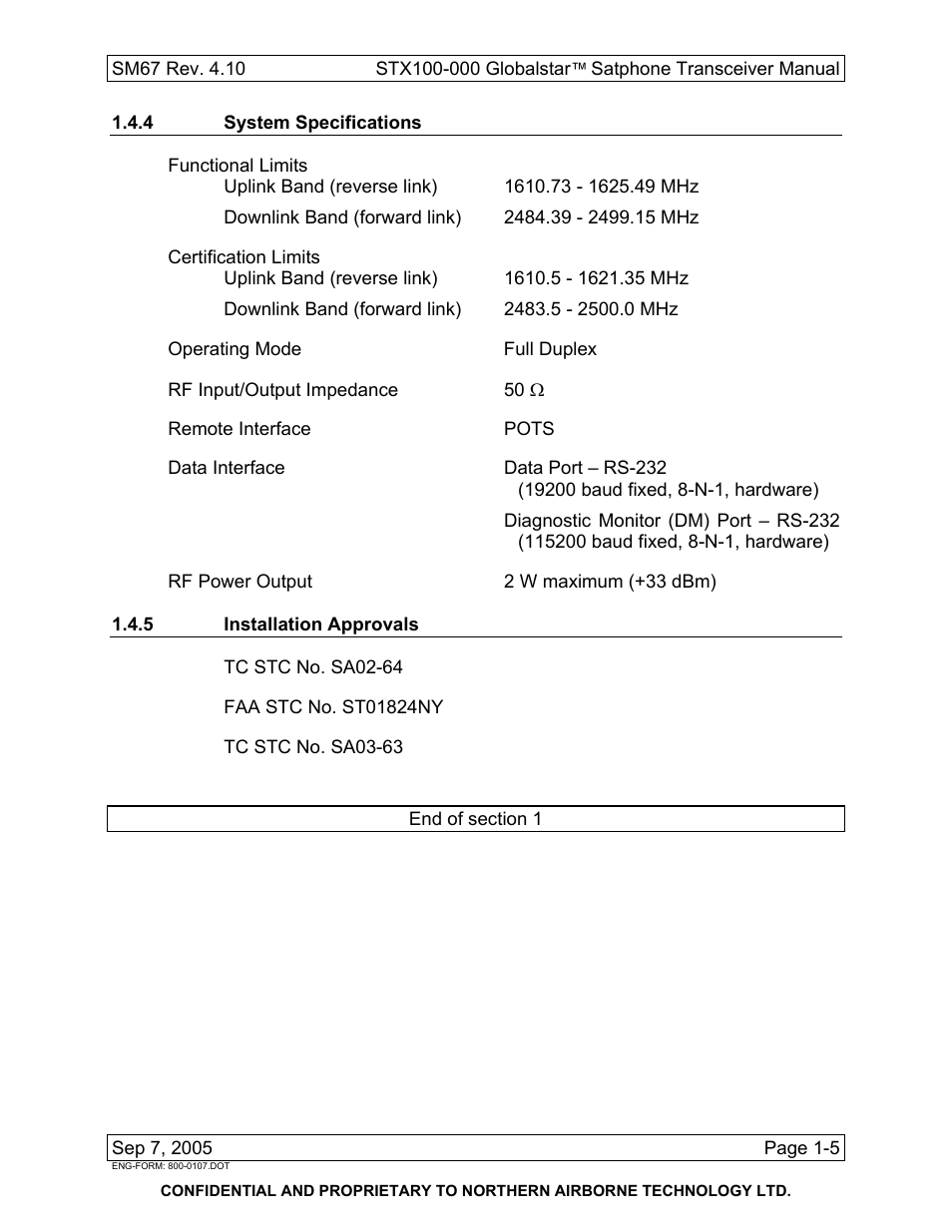 4 system specifications, 5 installation approvals | Northern Airborne Technology STX100 User Manual | Page 15 / 56