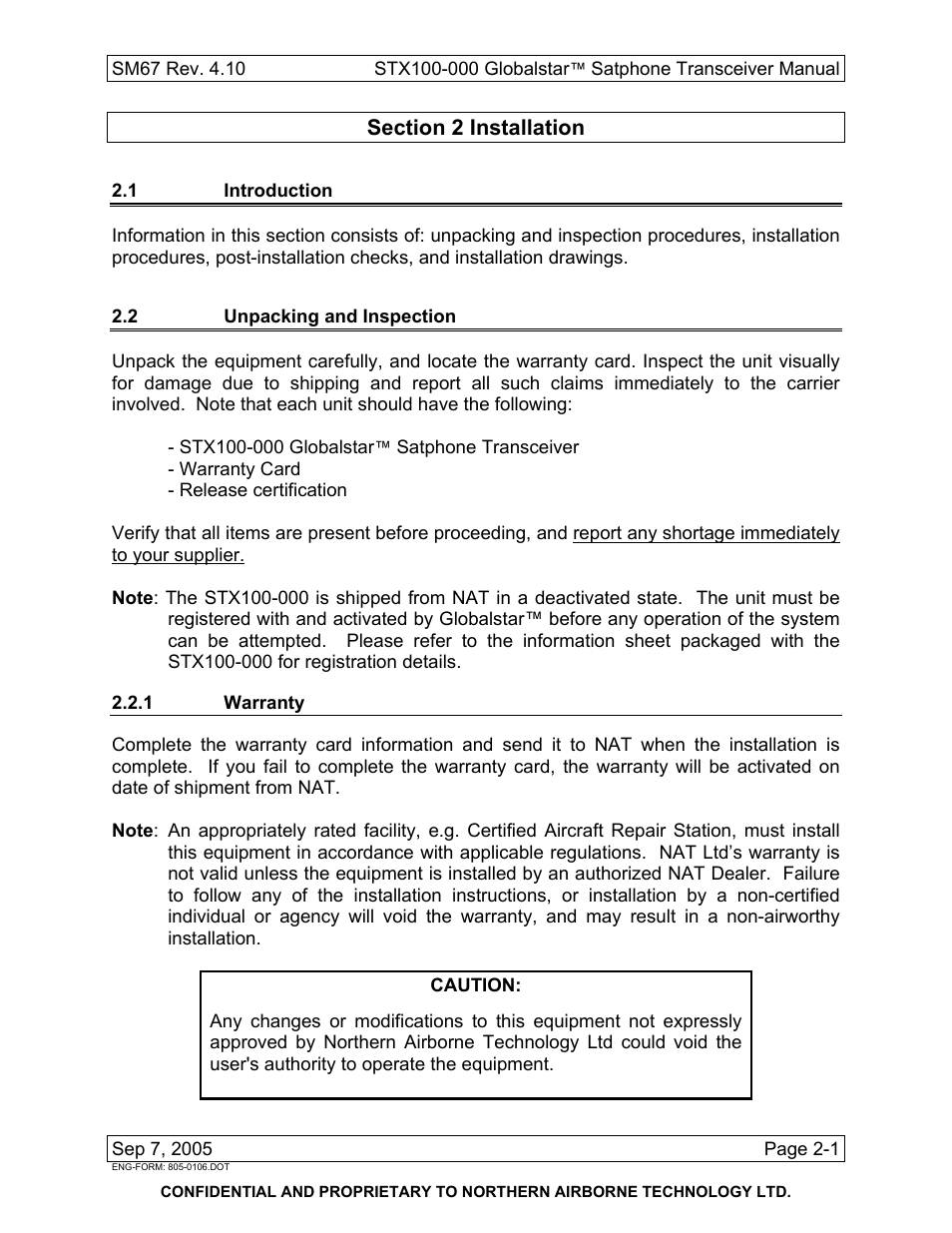 Installation, 1 introduction, 2 unpacking and inspection | 1 warranty | Northern Airborne Technology STX100 User Manual | Page 17 / 56