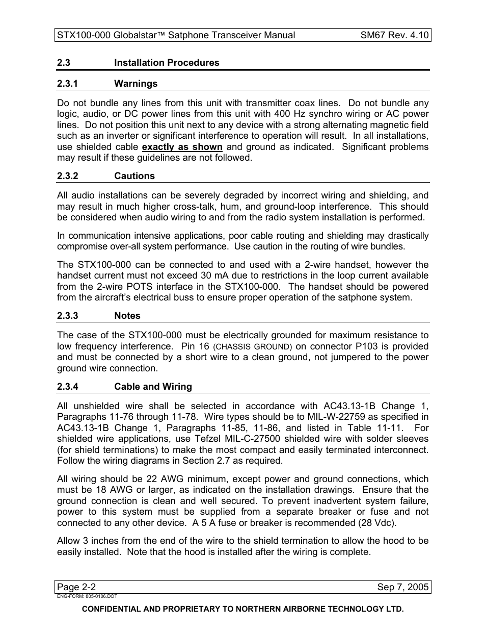 3 installation procedures, 1 warnings, 2 cautions | 3 notes, 4 cable and wiring | Northern Airborne Technology STX100 User Manual | Page 18 / 56