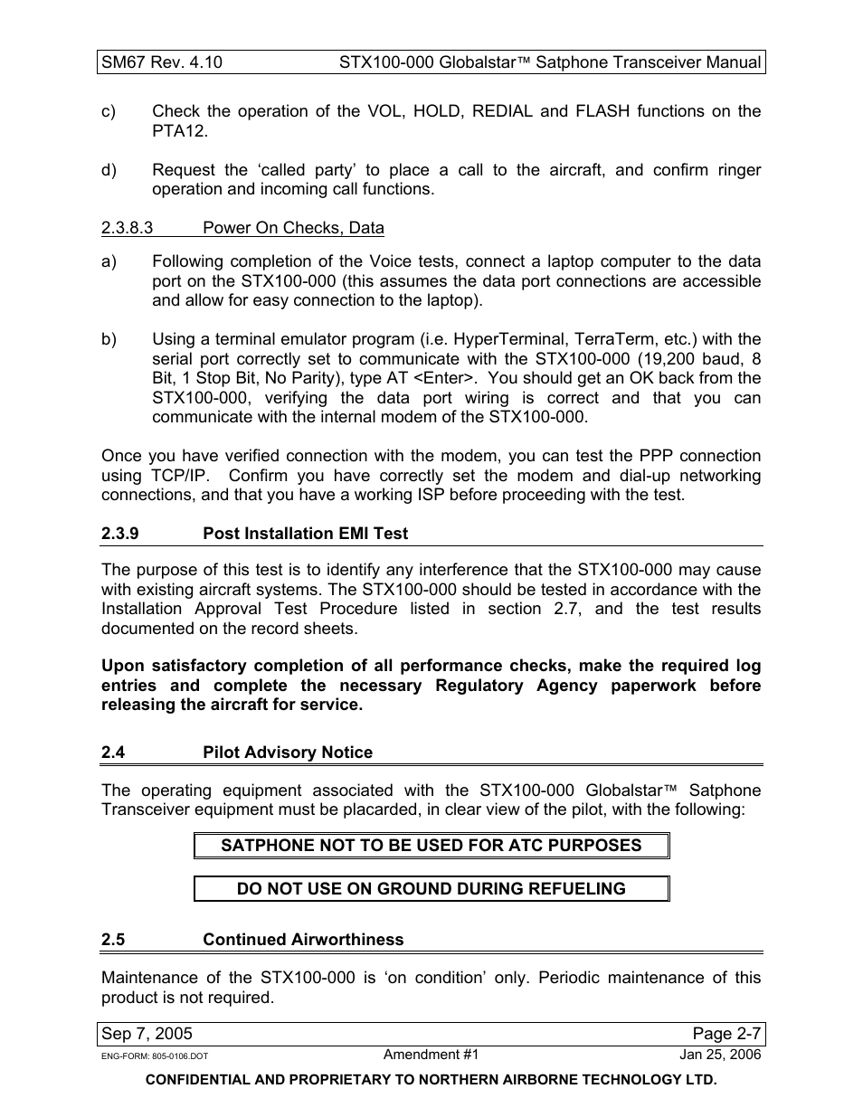 9 post installation emi test, 4 pilot advisory notice, 5 continued airworthiness | Northern Airborne Technology STX100 User Manual | Page 23 / 56