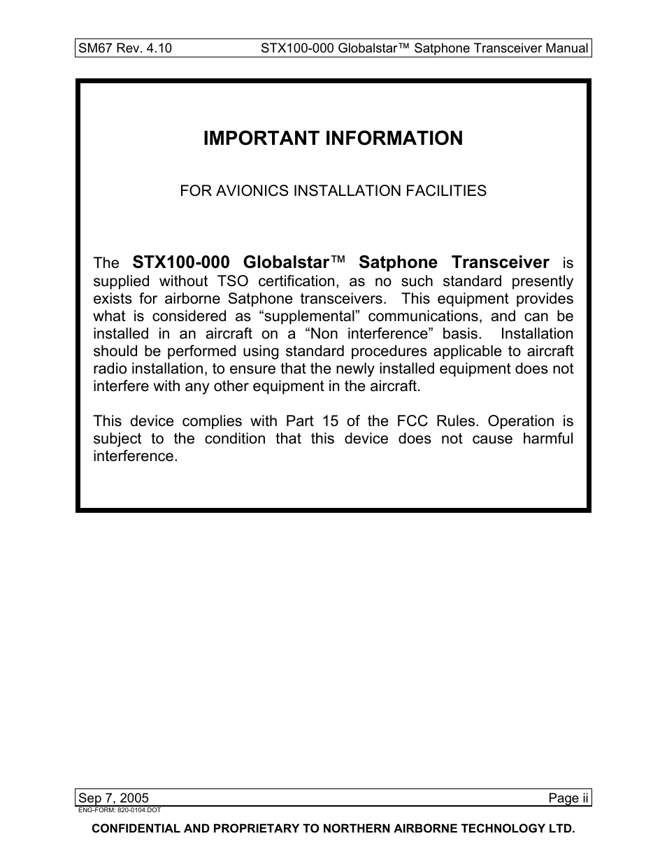 Important information, Globalstar, Satphone transceiver | Northern Airborne Technology STX100 User Manual | Page 3 / 56