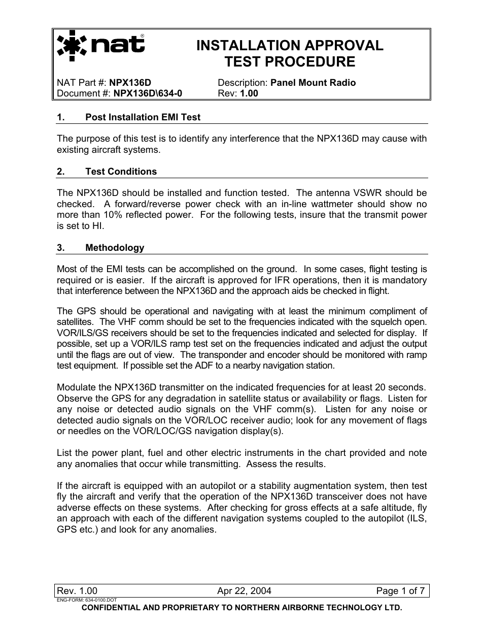 Installation approval test procedure, Installation approval, Test procedure | Northern Airborne Technology NPX136D User Manual | Page 18 / 50