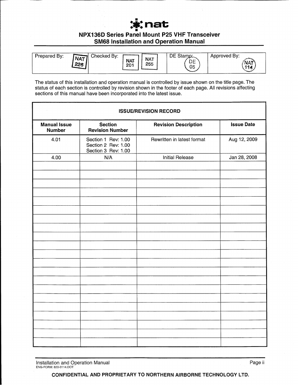 Issue/revision record | Northern Airborne Technology NPX136D User Manual | Page 2 / 50