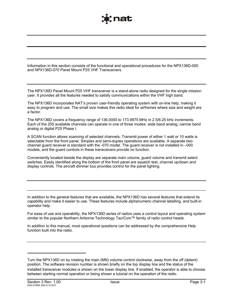 Operation, 1 introduction, 2 general information | 3 controls and indicators, 1 general features, 2 power on | Northern Airborne Technology NPX136D User Manual | Page 27 / 50
