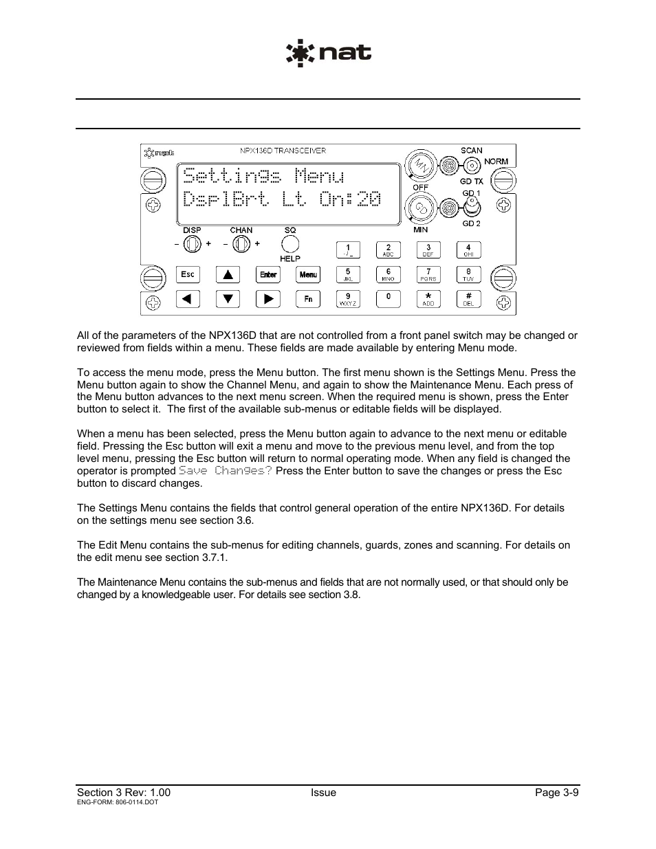 5 menus and settings, Settings menu dsplbrt lt on:20 | Northern Airborne Technology NPX136D User Manual | Page 35 / 50