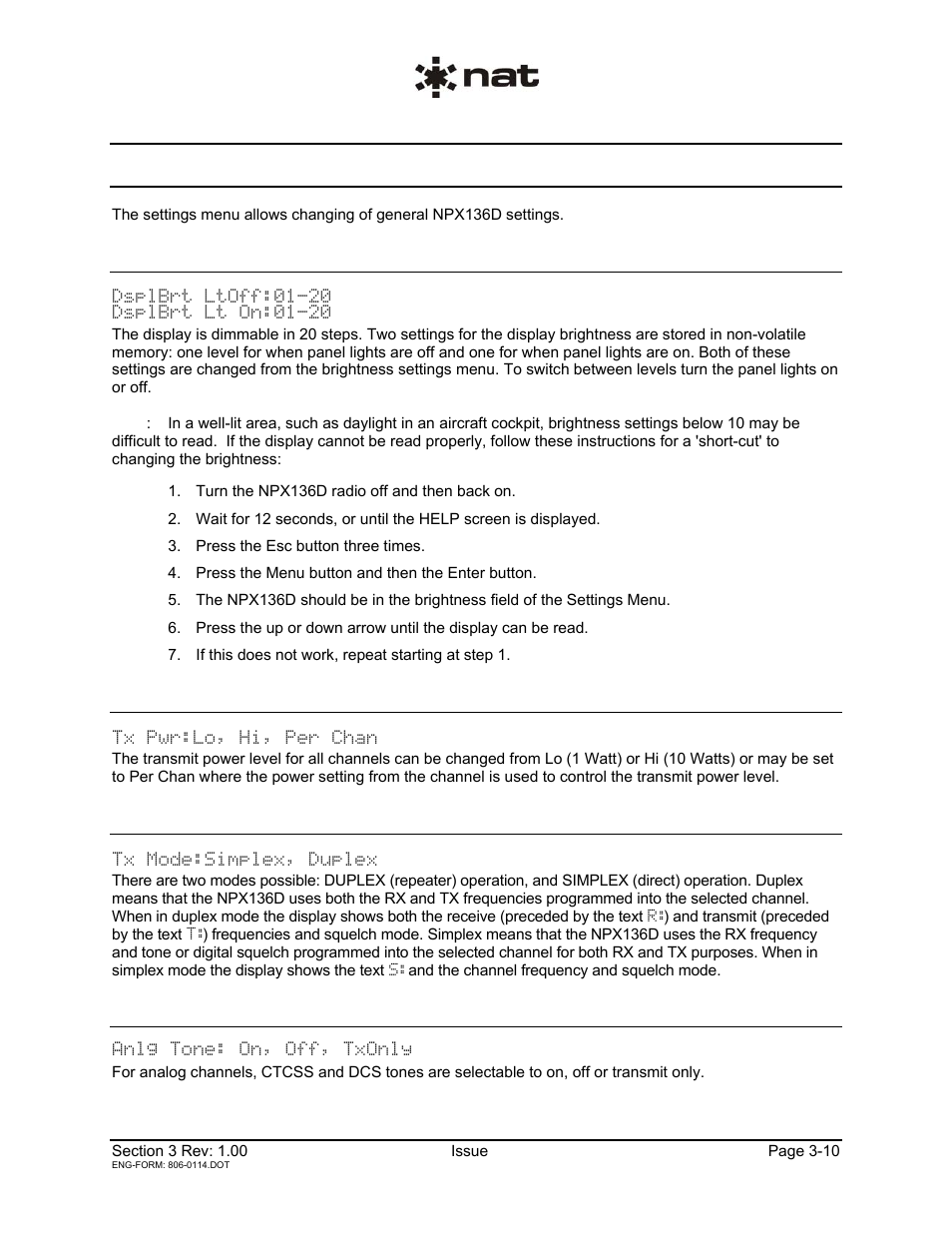 6 settings menu, 1 brightness, 2 transmit power | 3 transmit mode, 4 squelch mode, analog tones | Northern Airborne Technology NPX136D User Manual | Page 36 / 50
