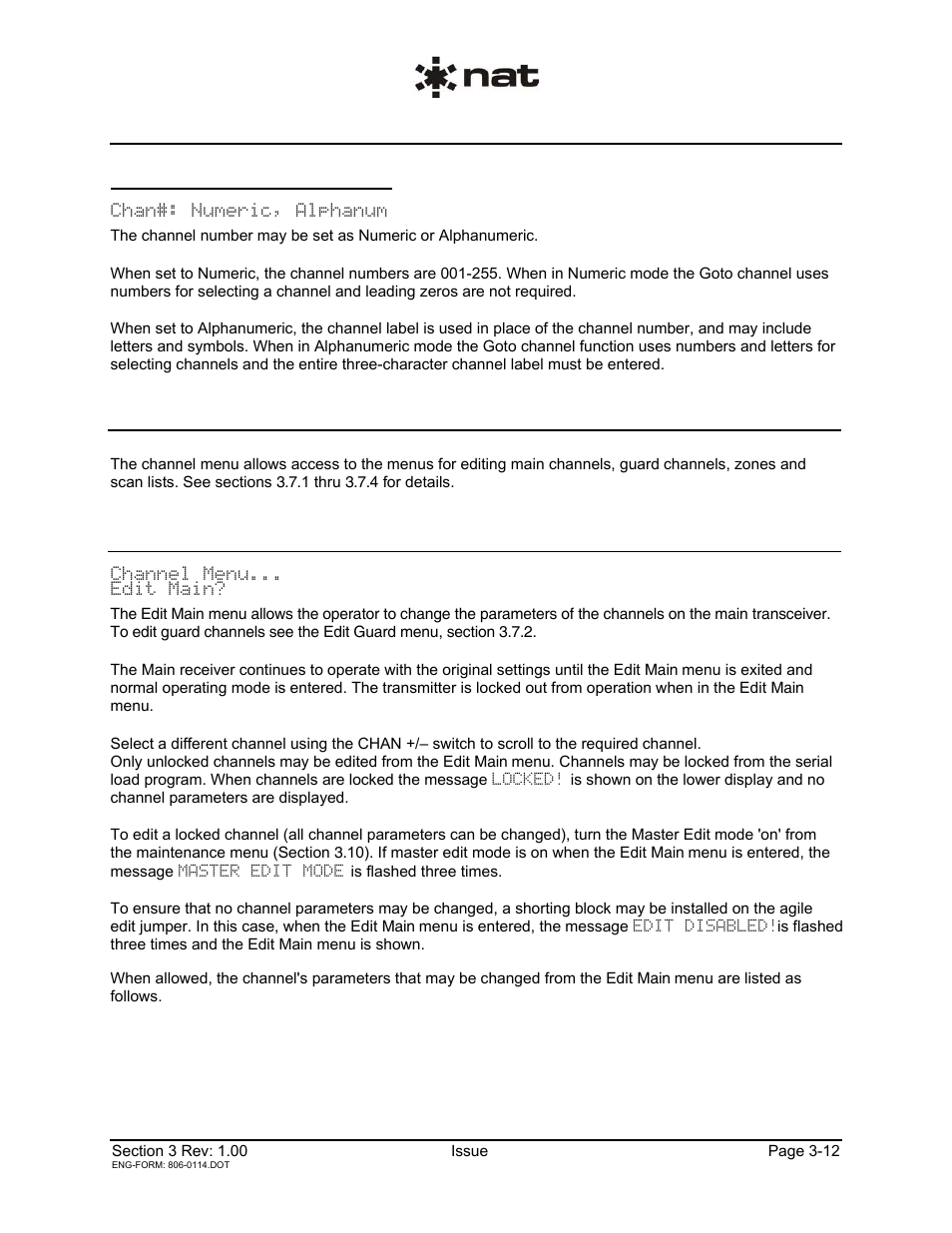 7 channel menu, 1 edit main channel menu (edit main) | Northern Airborne Technology NPX136D User Manual | Page 38 / 50