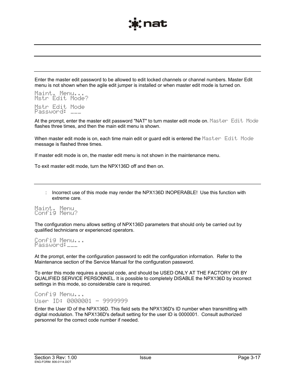 8 maintenance menu, 1 master edit mode, 2 configuration menu | Northern Airborne Technology NPX136D User Manual | Page 43 / 50