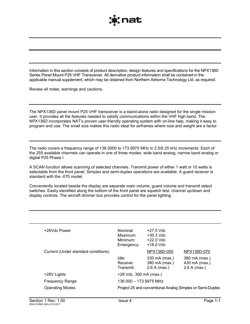 Description, 1 introduction, 2 product description | 3 design features, 4 specifications, 1 radio specifications | Northern Airborne Technology NPX136D User Manual | Page 5 / 50