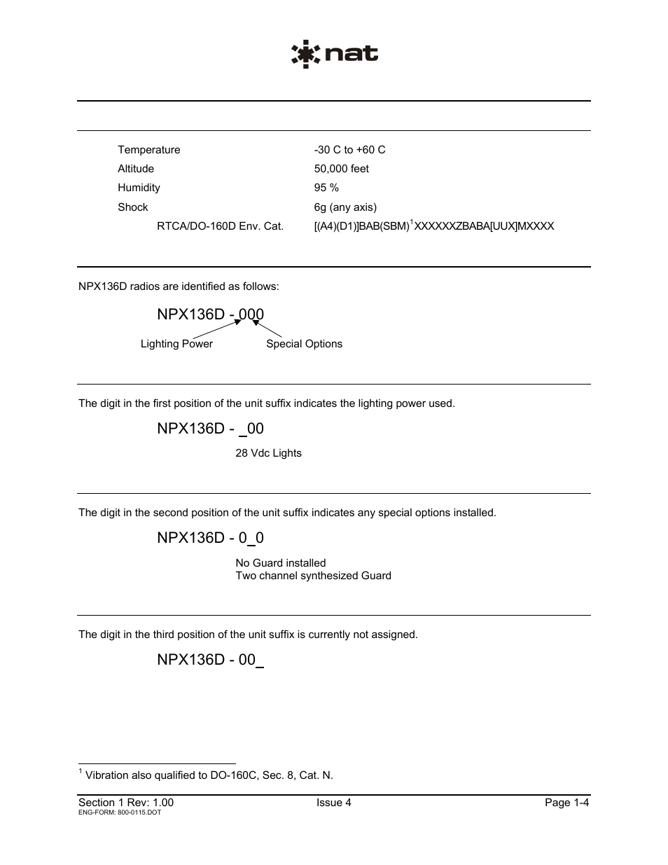 6 environmental specifications, 5 unit nomenclature, 1 lighting power | 2 special options, 3 other options | Northern Airborne Technology NPX136D User Manual | Page 8 / 50