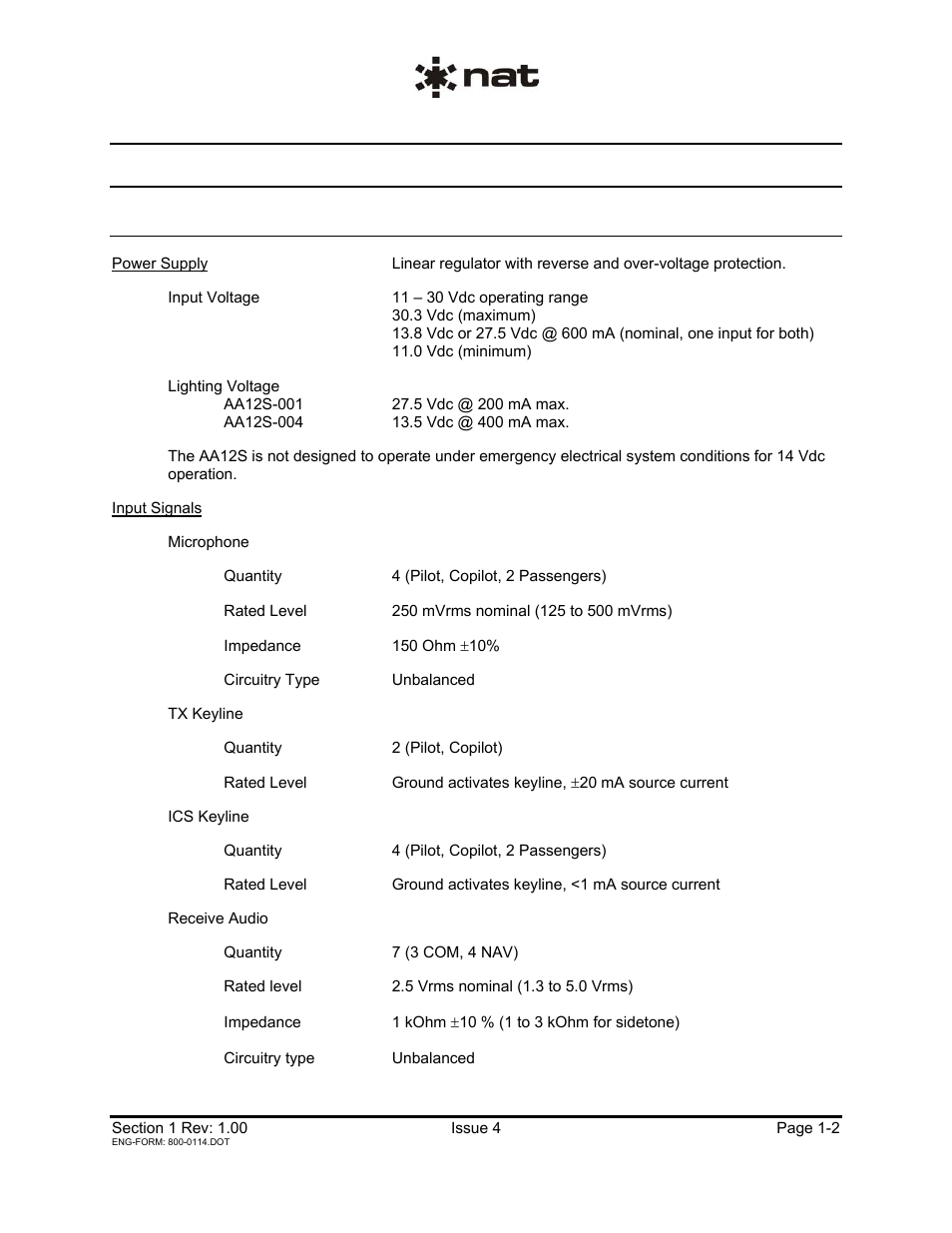 4 specifications, 1 electrical specifications | Northern Airborne Technology AA12S User Manual | Page 5 / 23