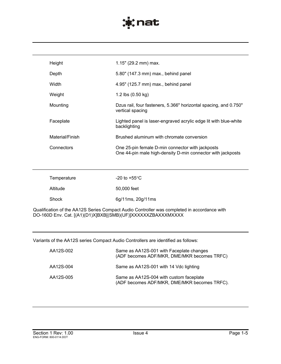 2 physical specifications, 3 environmental specifications, 5 unit nomenclature | Northern Airborne Technology AA12S User Manual | Page 8 / 23