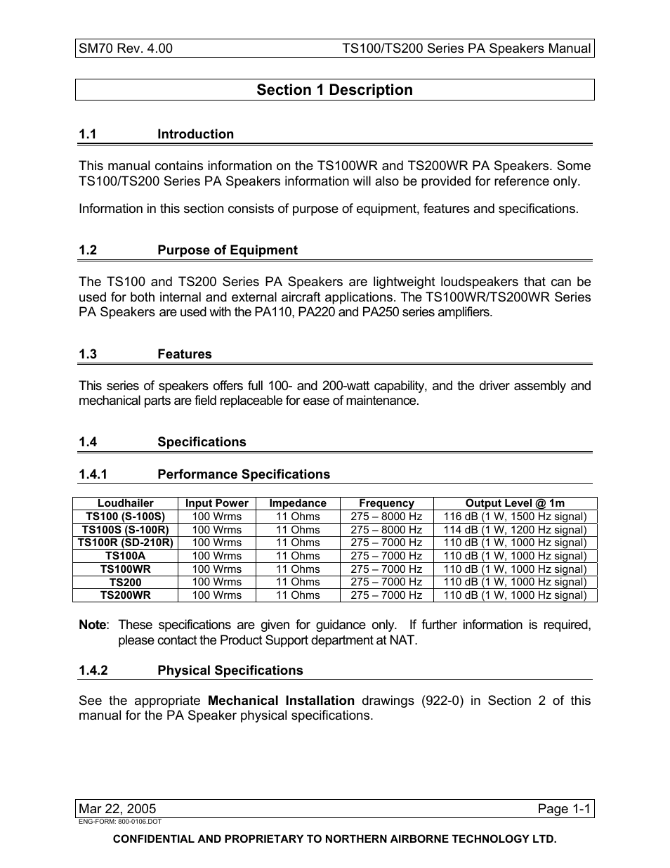 Description, 1 introduction, 2 purpose of equipment | 3 features, 4 specifications, 1 performance specifications, 2 physical specifications | Northern Airborne Technology TS100 User Manual | Page 11 / 44