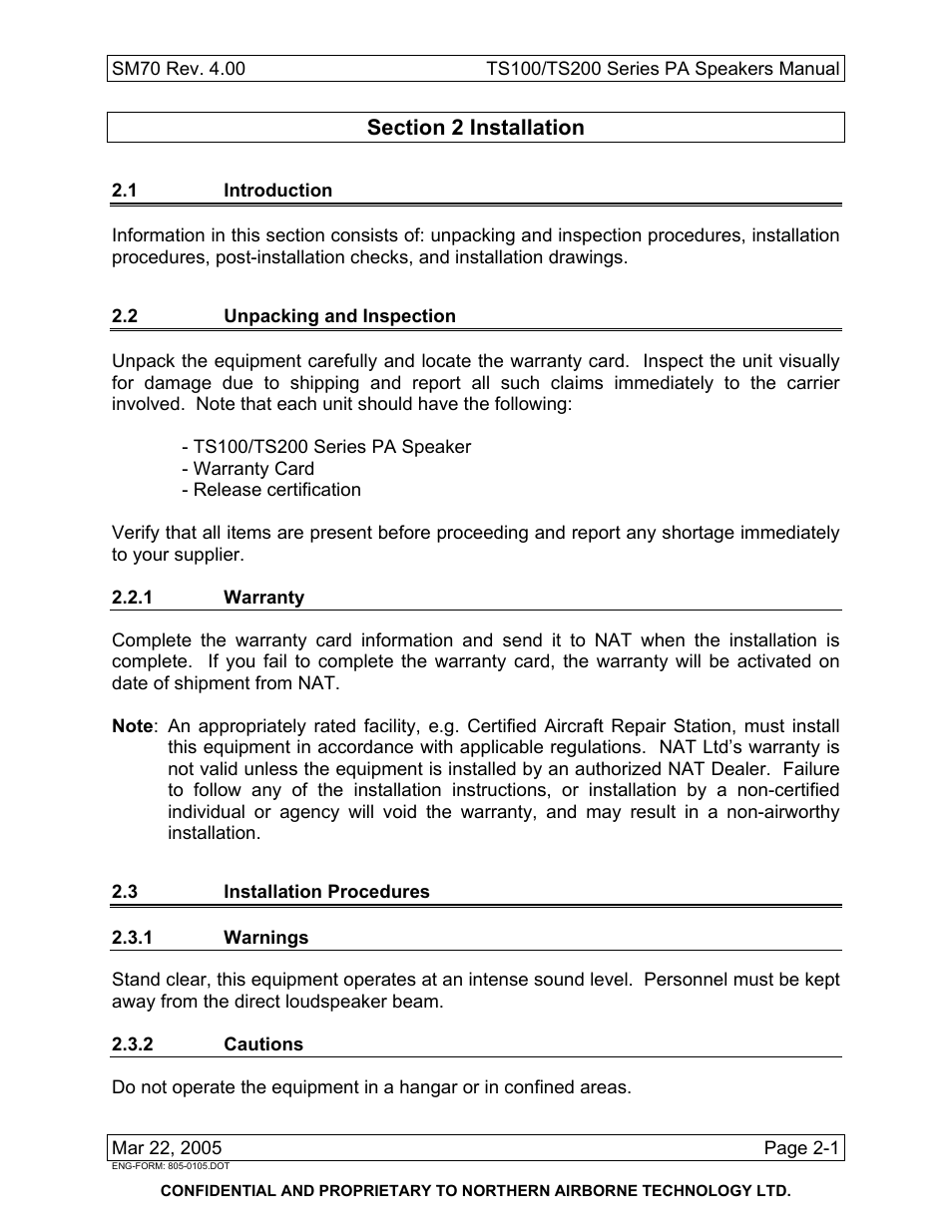 Installation, 1 introduction, 2 unpacking and inspection | 1 warranty, 3 installation procedures, 1 warnings, 2 cautions | Northern Airborne Technology TS100 User Manual | Page 13 / 44