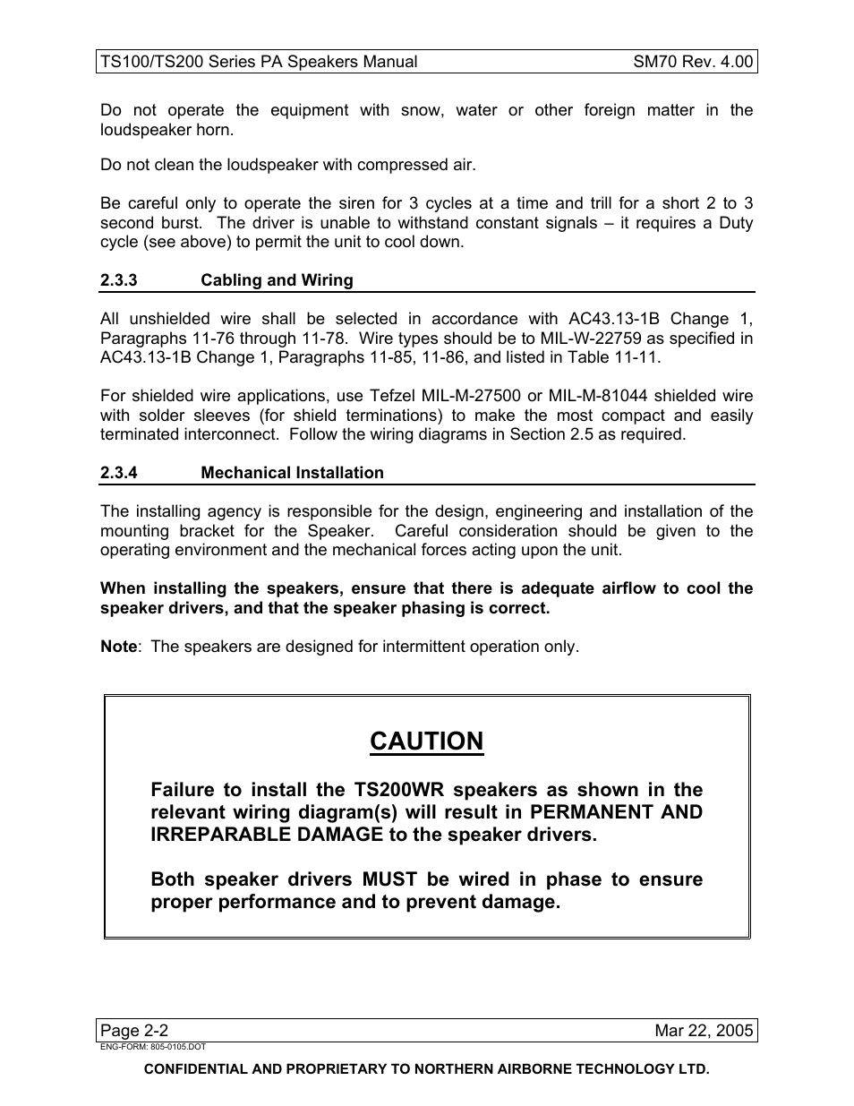 3 cabling and wiring, 4 mechanical installation, Caution | Northern Airborne Technology TS100 User Manual | Page 14 / 44