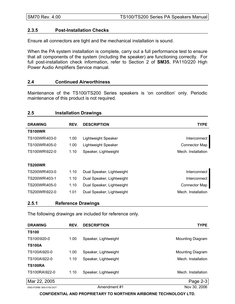 5 post-installation checks, 4 continued airworthiness, 5 installation drawings | Ts100wr, Ts200wr, 1 reference drawings, Ts100, Ts100a, Ts100ra | Northern Airborne Technology TS100 User Manual | Page 15 / 44