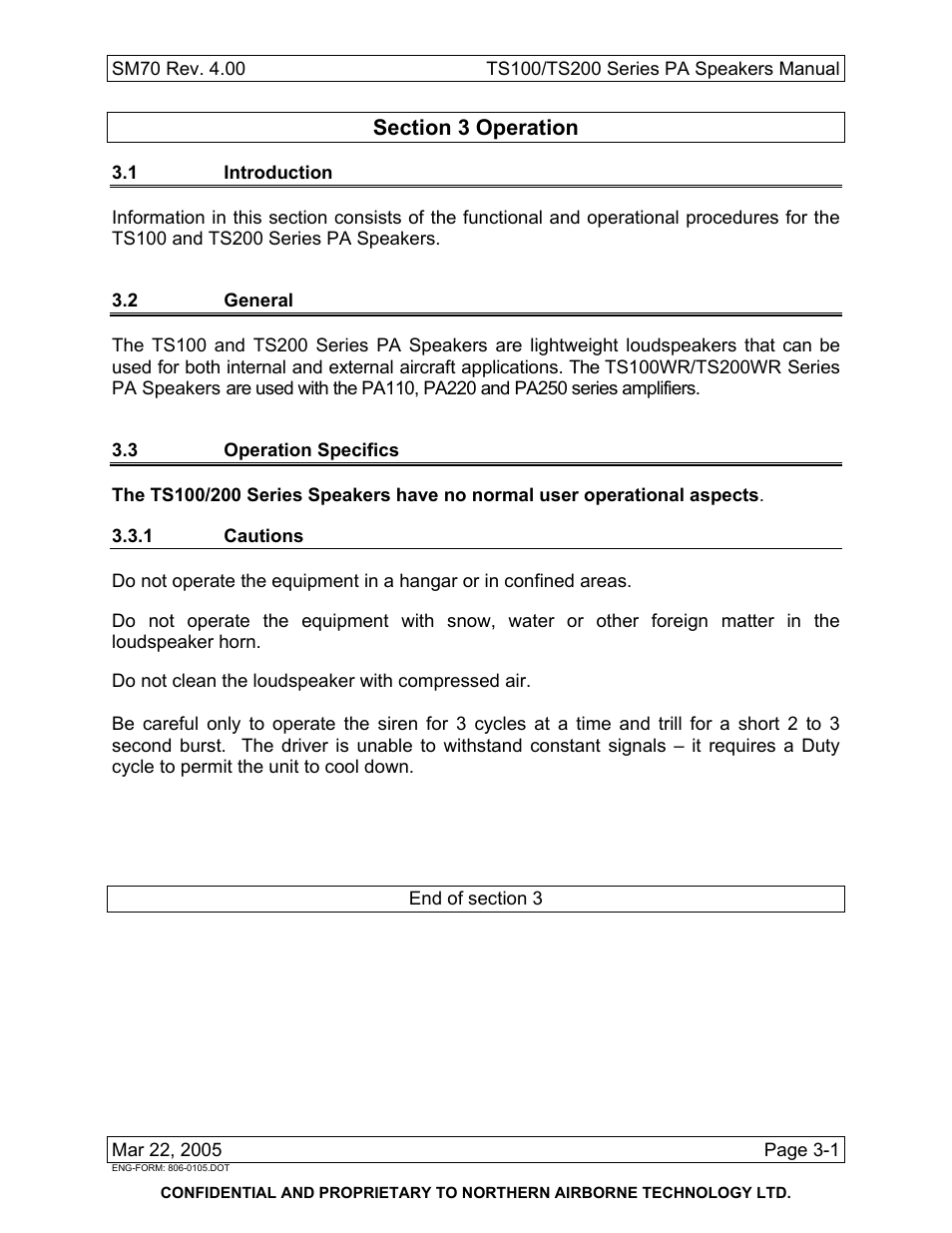 Operation, 1 introduction, 2 general | 3 operation specifics, 1 cautions | Northern Airborne Technology TS100 User Manual | Page 43 / 44