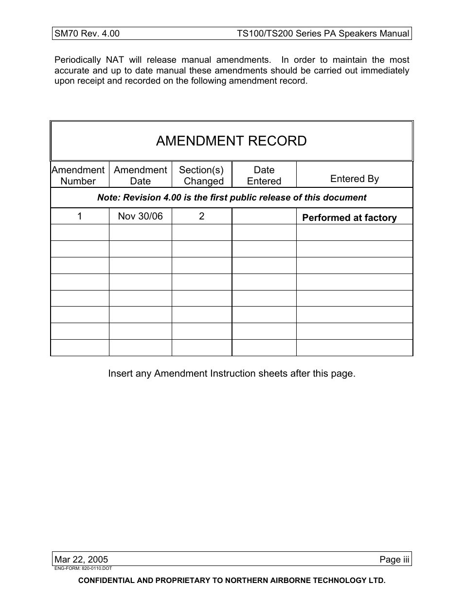 Amendment record | Northern Airborne Technology TS100 User Manual | Page 5 / 44