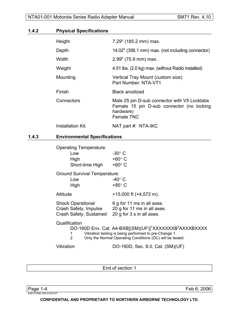 2 physical specifications, 3 environmental specifications | Northern Airborne Technology NTA01-001 User Manual | Page 10 / 28