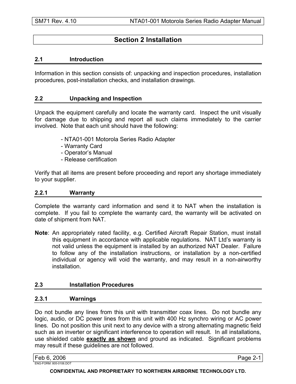 Installation, 1 introduction, 2 unpacking and inspection | 1 warranty, 3 installation procedures, 1 warnings | Northern Airborne Technology NTA01-001 User Manual | Page 11 / 28