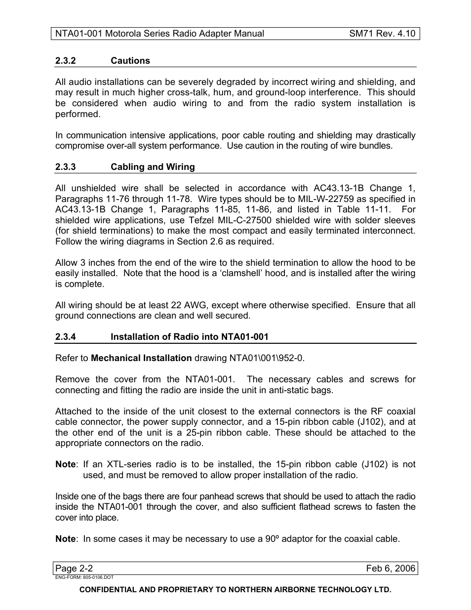 2 cautions, 3 cabling and wiring, 4 installation of radio into nta01-001 | Northern Airborne Technology NTA01-001 User Manual | Page 12 / 28