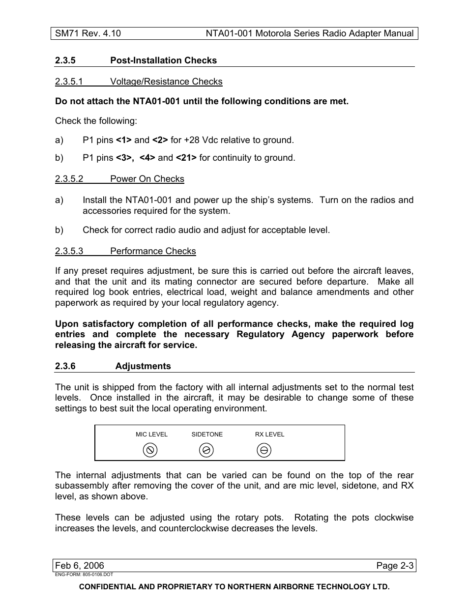 5 post-installation checks, 6 adjustments | Northern Airborne Technology NTA01-001 User Manual | Page 13 / 28