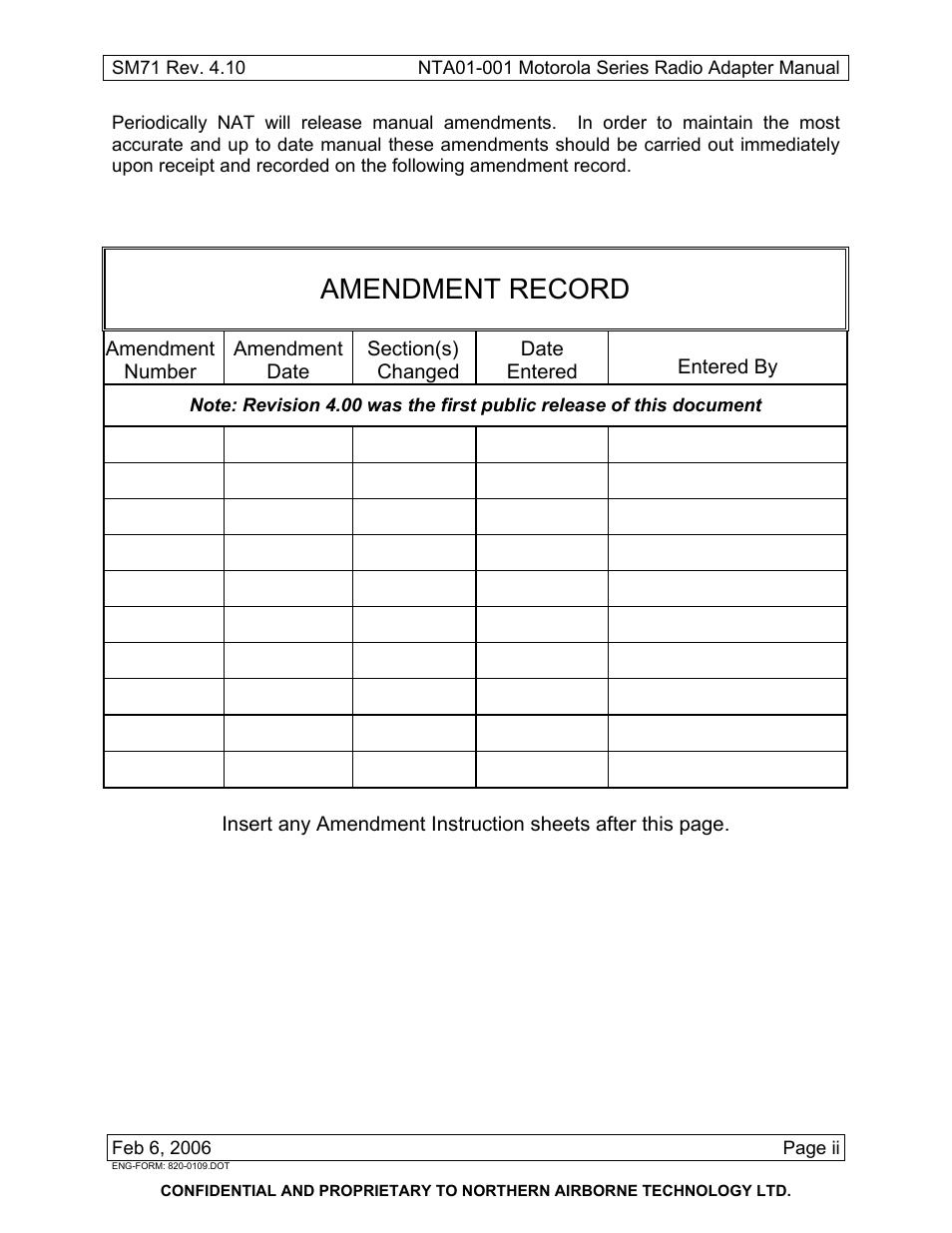 Amendment record | Northern Airborne Technology NTA01-001 User Manual | Page 3 / 28