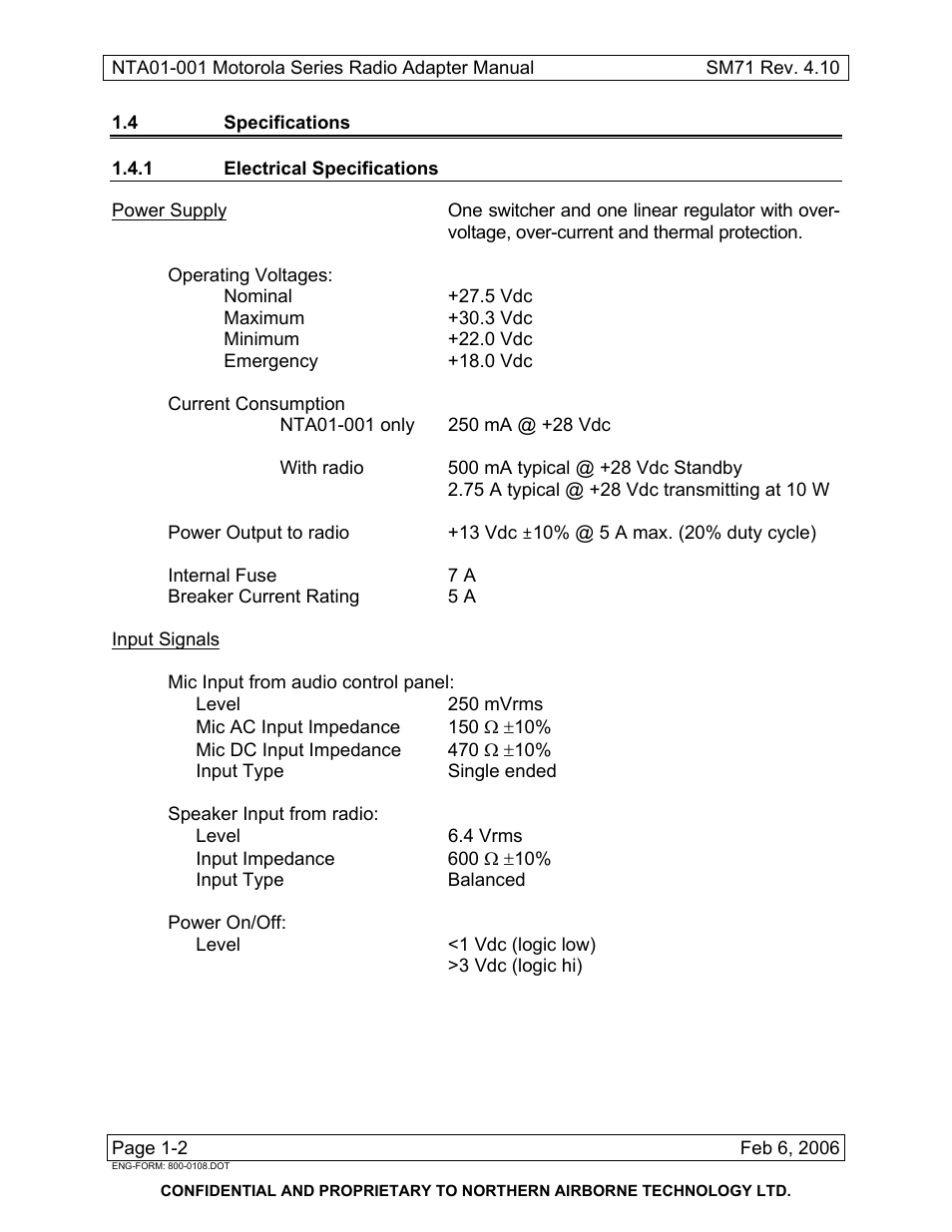 4 specifications, 1 electrical specifications | Northern Airborne Technology NTA01-001 User Manual | Page 8 / 28