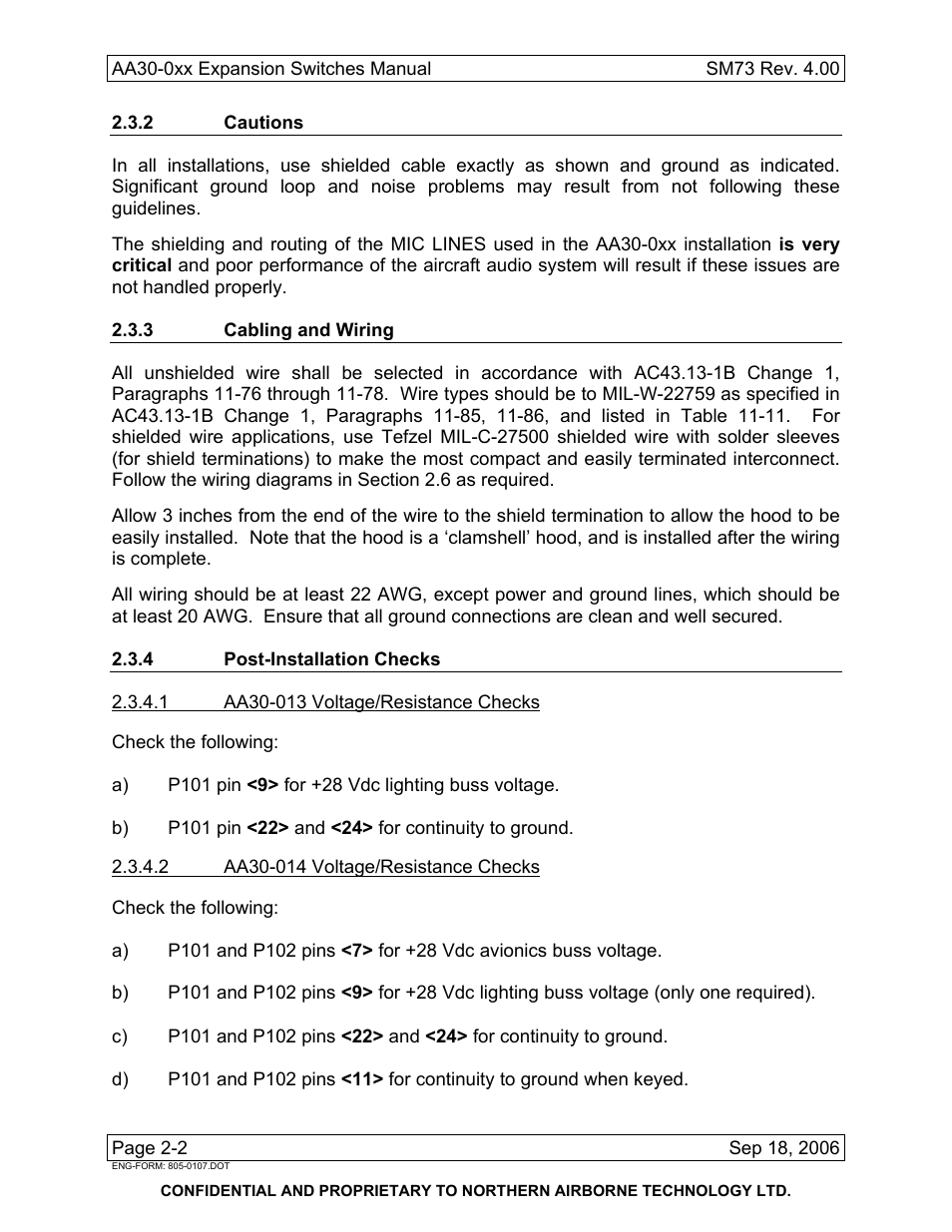 2 cautions, 3 cabling and wiring, 4 post-installation checks | Northern Airborne Technology AA30-0xx User Manual | Page 10 / 30