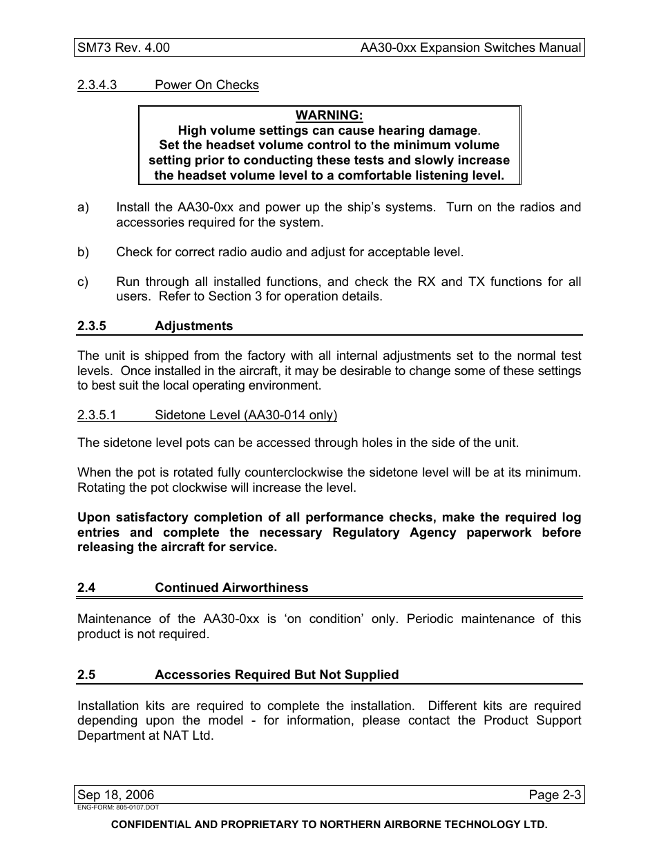 5 adjustments, 4 continued airworthiness, 5 accessories required but not supplied | Northern Airborne Technology AA30-0xx User Manual | Page 11 / 30