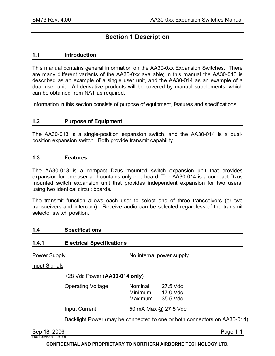 Description, 1 introduction, 2 purpose of equipment | 3 features, 4 specifications, 1 electrical specifications | Northern Airborne Technology AA30-0xx User Manual | Page 7 / 30