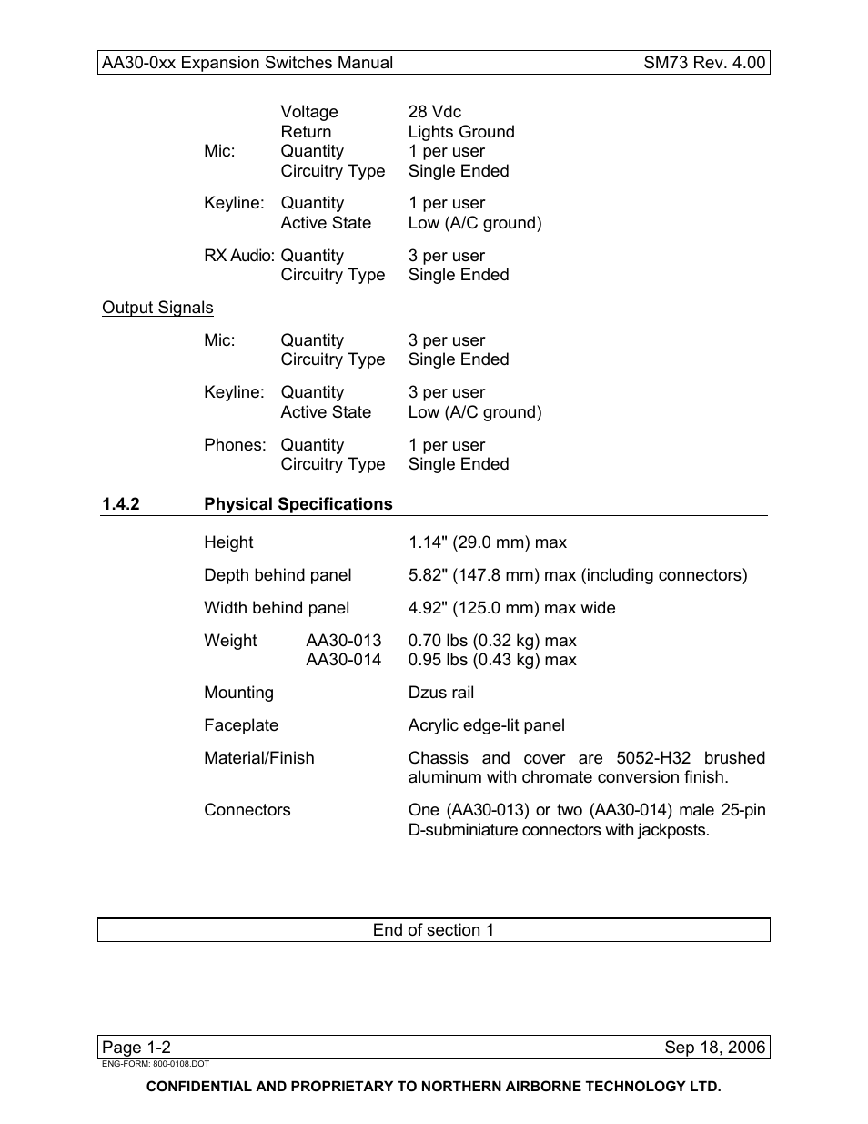 2 physical specifications | Northern Airborne Technology AA30-0xx User Manual | Page 8 / 30