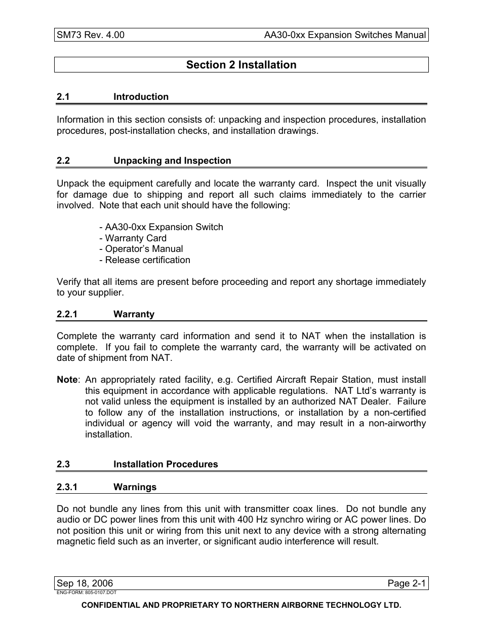 Installation, 1 introduction, 2 unpacking and inspection | 1 warranty, 3 installation procedures, 1 warnings | Northern Airborne Technology AA30-0xx User Manual | Page 9 / 30