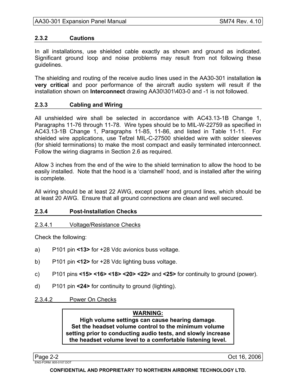 2 cautions, 3 cabling and wiring, 4 post-installation checks | Northern Airborne Technology AA30-3xx User Manual | Page 12 / 38