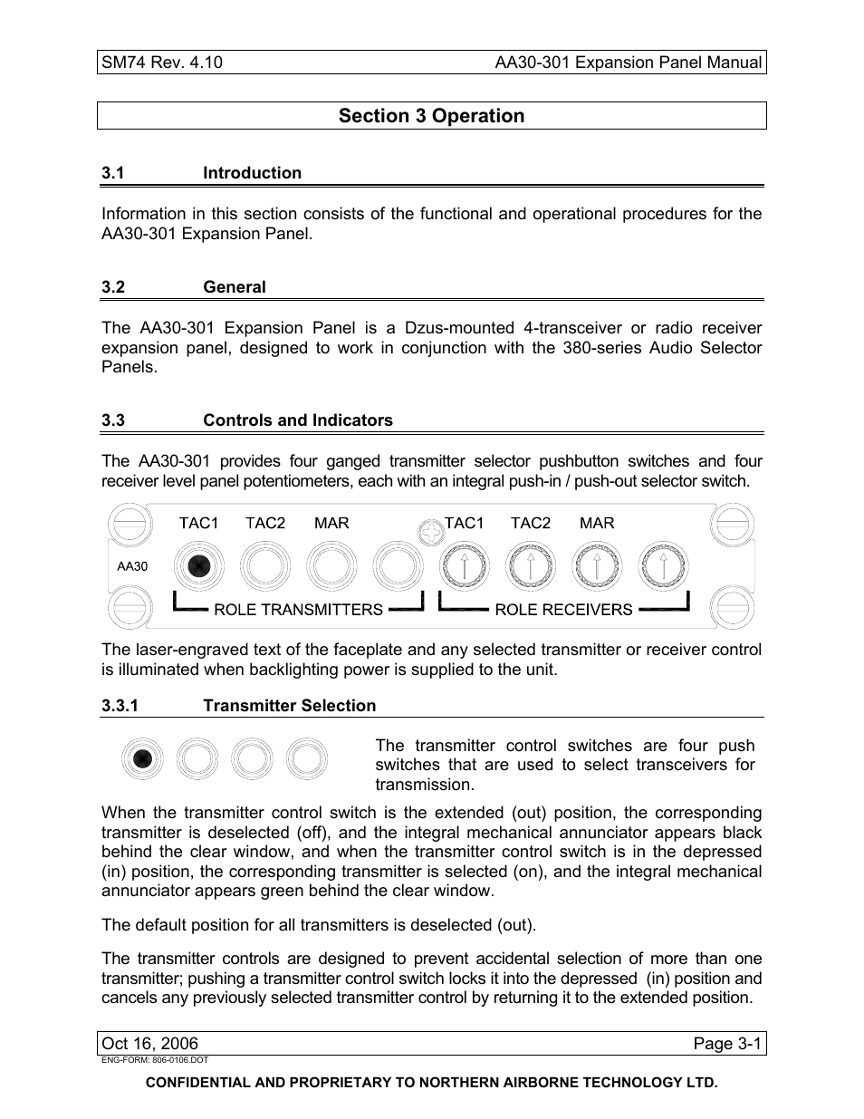 Operation, 1 introduction, 2 general | 3 controls and indicators, 1 transmitter selection | Northern Airborne Technology AA30-3xx User Manual | Page 37 / 38