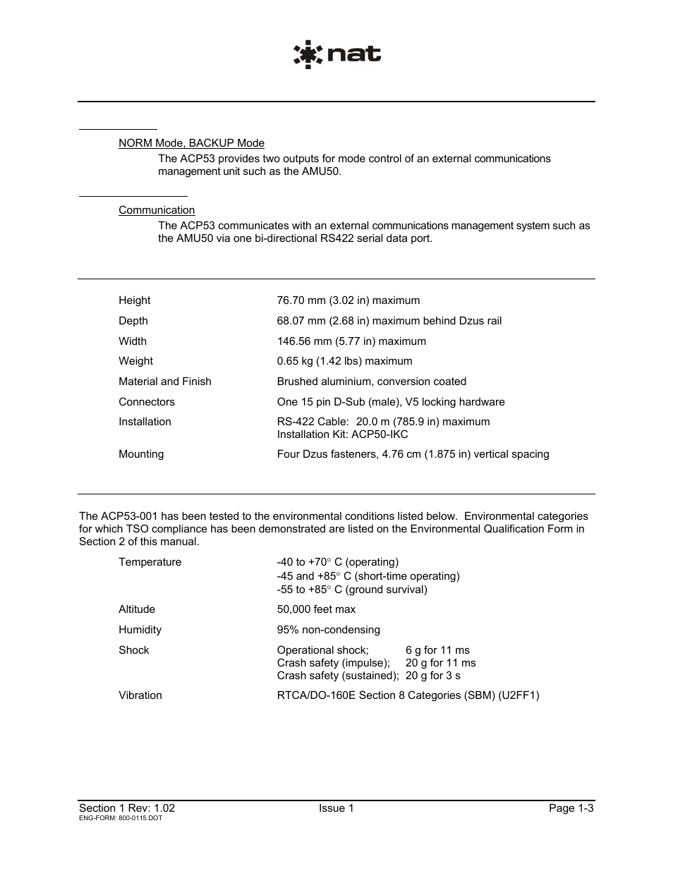 2 physical specifications, 3 environmental specifications | Northern Airborne Technology ACP53-001 User Manual | Page 7 / 28