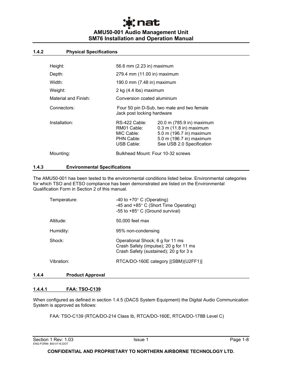 2 physical specifications, 3 environmental specifications, 4 product approval | Northern Airborne Technology AMU50-001 User Manual | Page 11 / 40